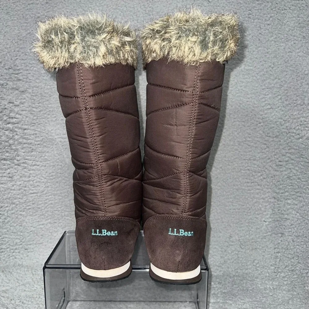 LL Bean Carrabassett Faux Fur Snow Boots Women 8½‎ M Brown Lace Knee High 284883